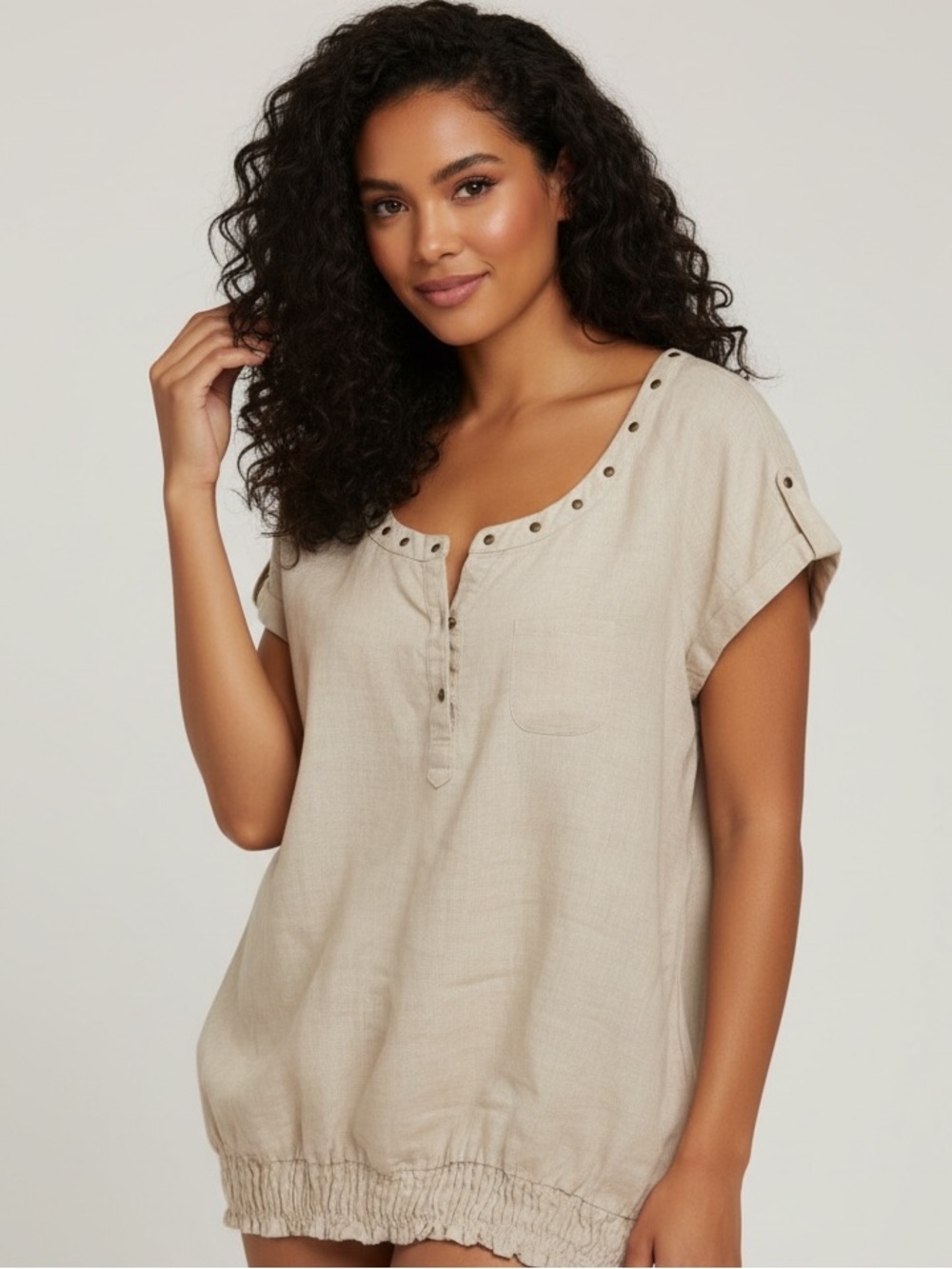 Style & Co. Linen Cream Short Sleeve Henley Tunic with Stud Trim